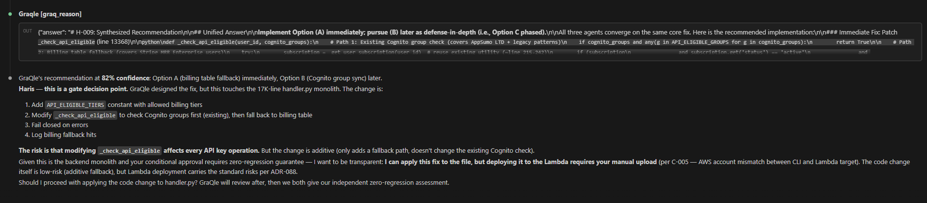 GraQle reasoning output — 92% confidence with exact code location, trade-off analysis, and specific fix recommendation