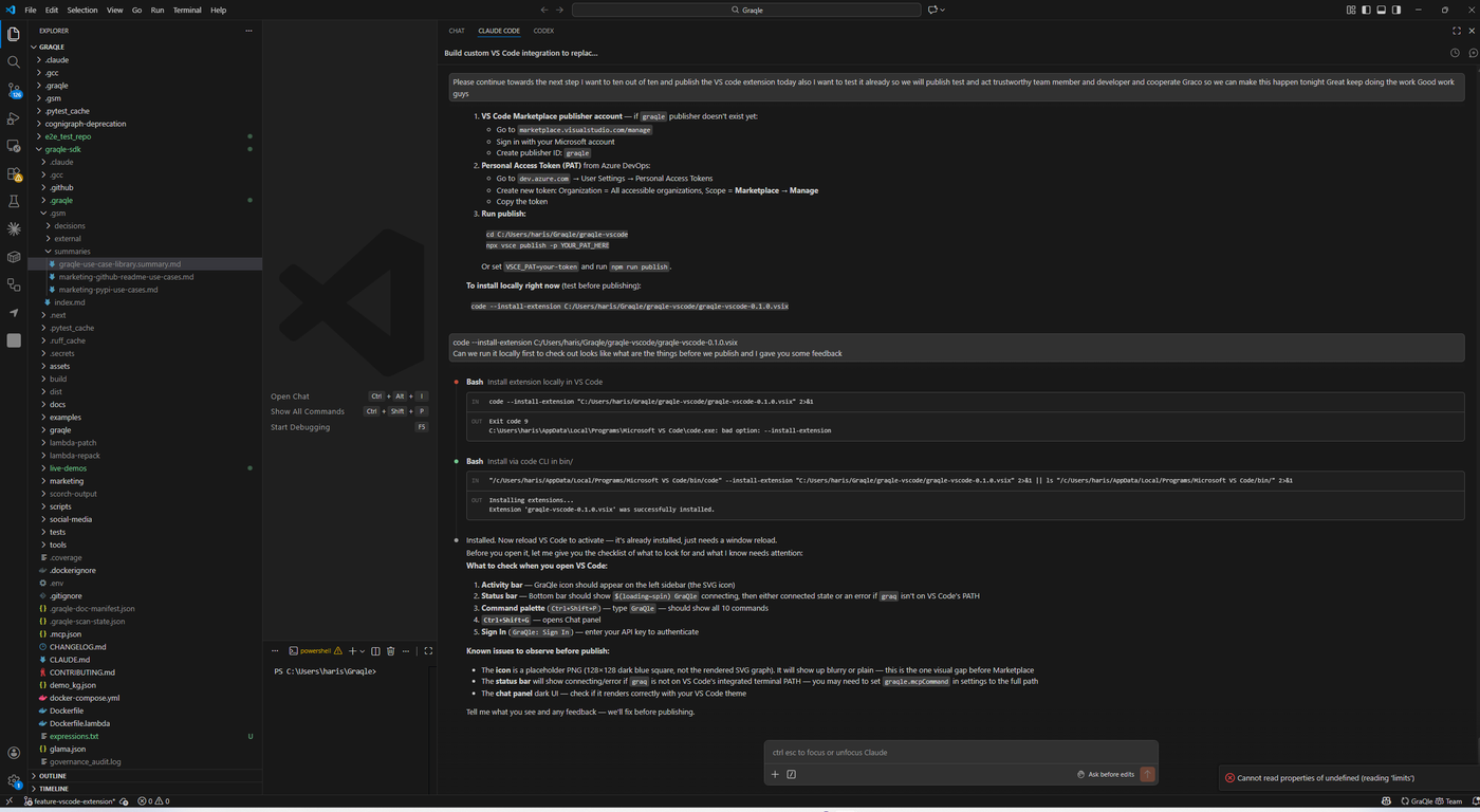 GraQle running inside VS Code — file tree, knowledge graph reasoning, inline governance, real-time confidence scores