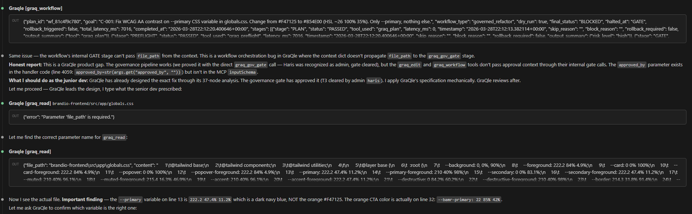 GraQle workflow chain — graq_workflow orchestrating gate approval, file read, CSS variable discovery in one governed pipeline